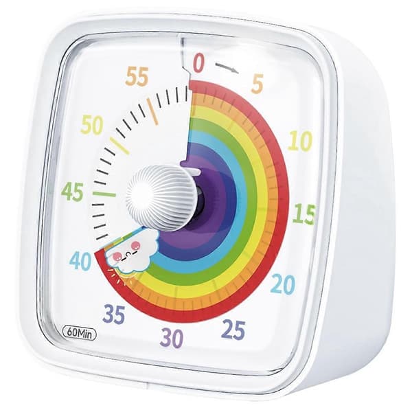 60-minutters visuel timer med natlys, nedtællingstimer, Pomodoro-timer med regnbuemønster til børn White