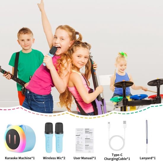 Karaokeset för barn karaokeset med 2 mikrofoner med röstförändrande effekter och LED-lampor – trådlös Bluetooth-partyhögtalare – stöder TF, USB