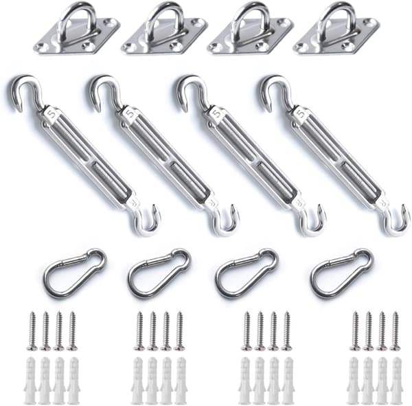 Solsejl Hardware Kit, 304 Rustfrit Stål Anti-Rust Fastgørelseshardware til Firkantede og Trekantede Solsejl (12-dele Sæt + 16 Skruer)
