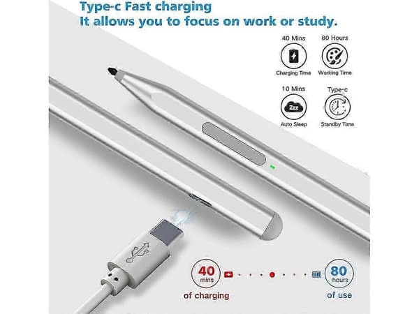 Microsoft Surface-kompatibel stylus med viskelæderknap – til Surface Pro, Laptop, Studio, Book (3/2/1, Pro 11/10/9/8/X/7+/6/5/4/3) Silver