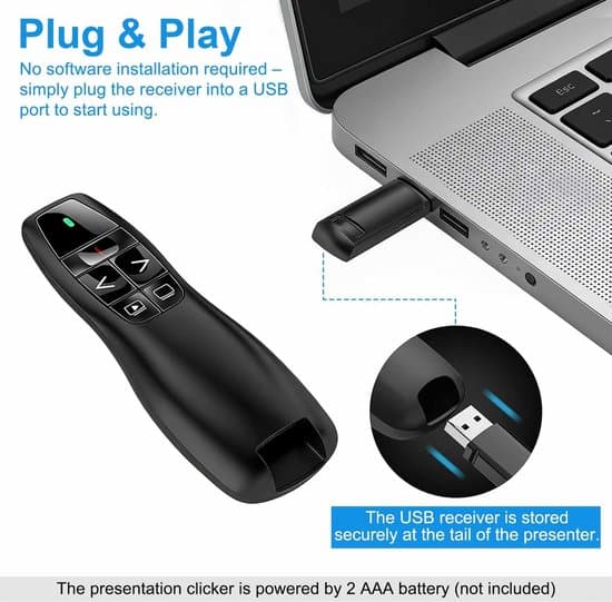Trådløs presentasjonsklikker-USB-presenter med rød laserpeker - 2,4 GHz PowerPoint-fjernkontroll-Plug & Play -Lysbildefremvisningskontroll for Windows og PC