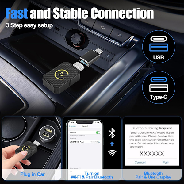 Trådlös CarPlay-adapter 2025, för CarPlay och Android Auto, Plug-and-Play