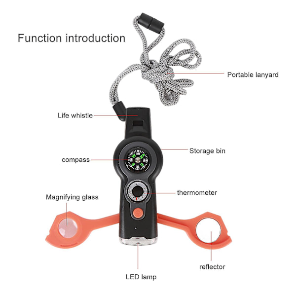 7 i 1 Nödöverlevnadsvisselpipa LED-lampa Termometer Kompass Multifunktionsvisselpipa för vandring Klättring Orange