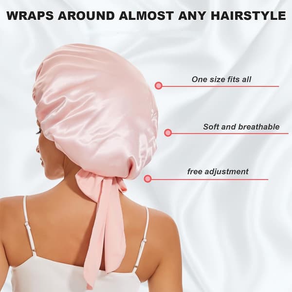 Sidenmössa för sovande kvinnor Satinmössa Nattsömnmössa Wrap för lockigt hår med knytband, Rosa