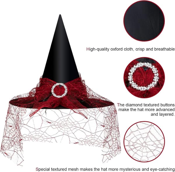 Heksehat til kvinder, blonde mesh, elegant kostume, troldmandskostume tilbehør til cosplayfester Red Lace