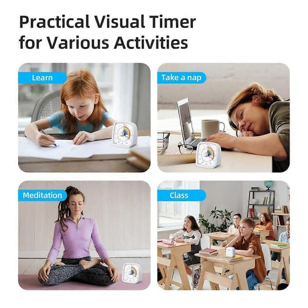 60-minutters visuel timer med natlys, nedtællingstimer, Pomodoro-timer med regnbuemønster til børn White