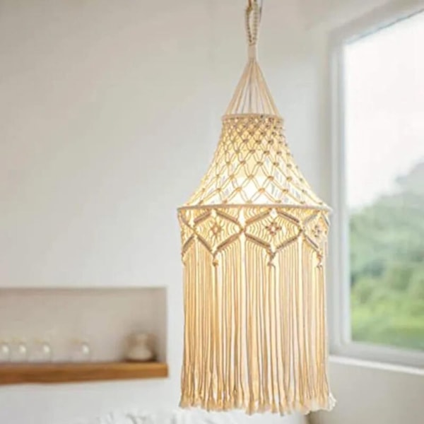 Bohemisk Macramé Lampskärm Naturlig Handgjord Bomullsrep Unik Design Modern Heminredning för Vardagsrum, Barnrum, Vit Lampskärm Boho Dekoration