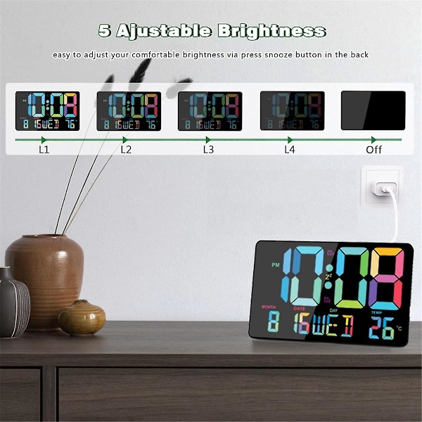 Digital Väggklocka, 10,98 tums LED Digital Väckarklocka med Temperatur, Automatisk Dimning, Kalender