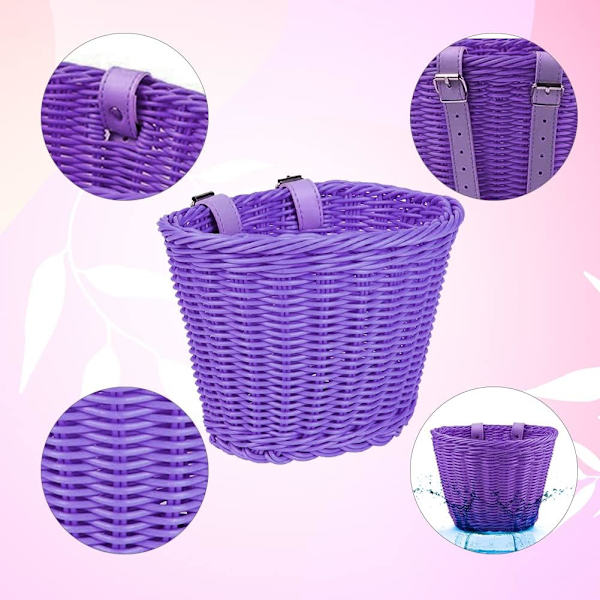 Barncykelkorg Set Flickcykelkorg Handvävda Cykelkorgar för Barn Barncykelkorgar med Extra Läderremmar och Klocka Lätt purple