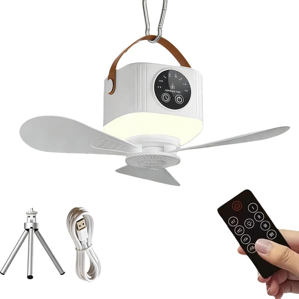 Bærbar campingventilator med LED-lys, 7200mAh genopladeligt batteri, 4 hastigheder, timer, loftventilator til camping, telt, soveværelse (hvid)