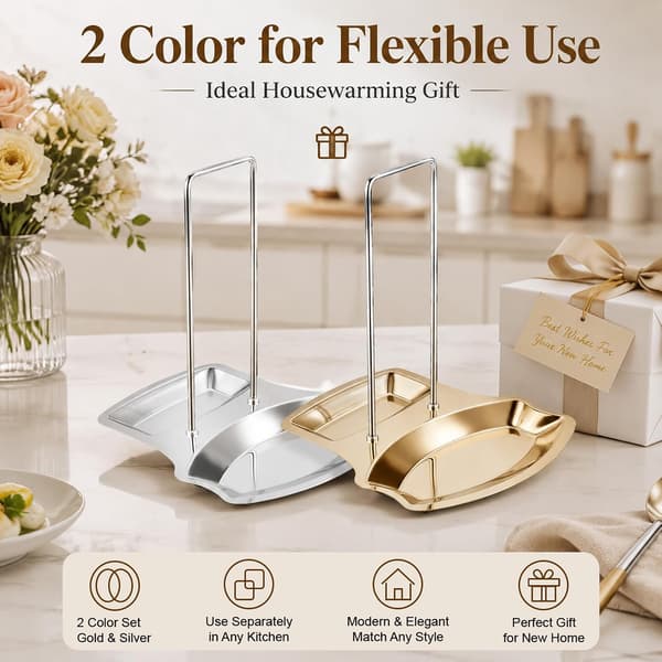2-pack lock- och skedstöd, kökshållare i rostfritt stål för grytlock, skärbräda, stekspade och slev (guld & silver)