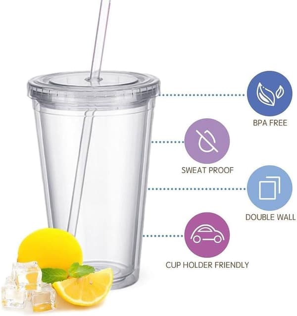 Dubbelväggig plastmugg med lock och sugrör, isolerad kaffemugg, 450 ml, transparent 450ml
