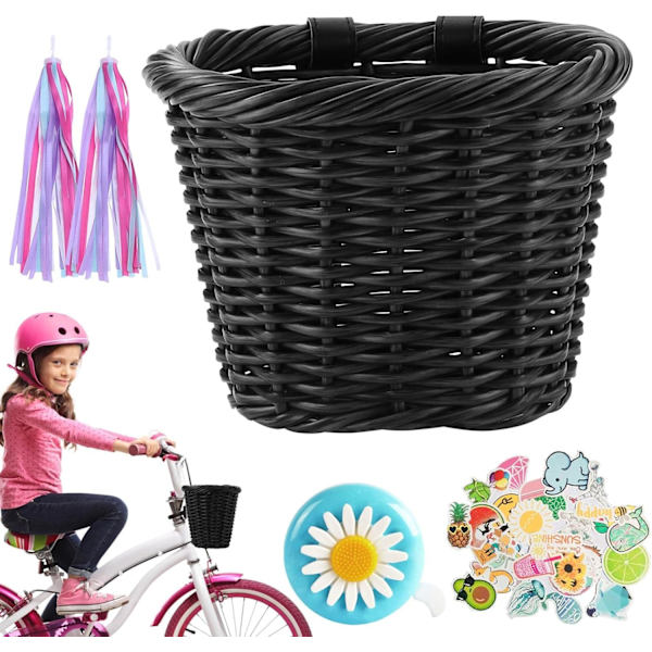 Barncykelkorg Set Flickcykelkorg Handvävda Cykelkorgar för Barn Barncykelkorgar med Extra Läderremmar och Klocka Lätt black