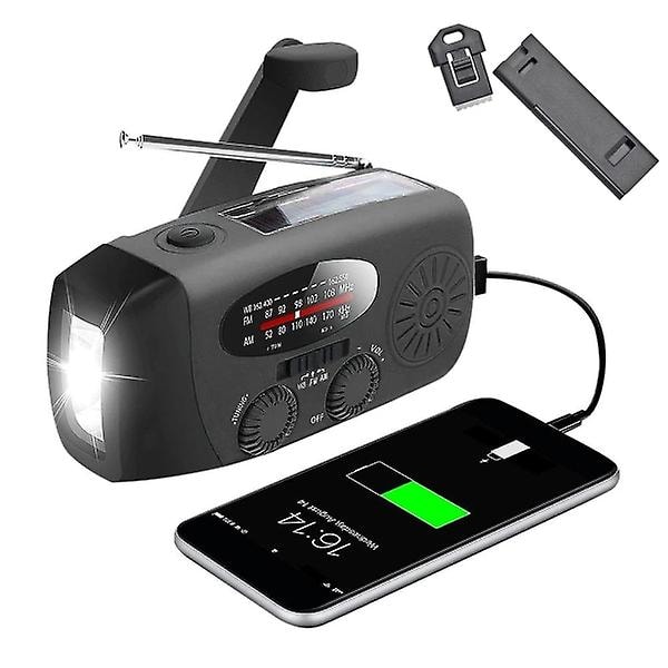 Vevradio med tändstål och solcellsladdare / Nödradio och Powerbank Svart Endast Vevradio