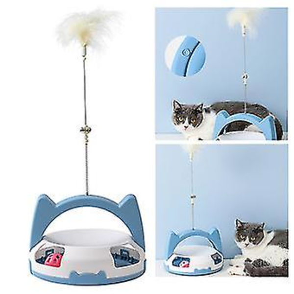 Blå katt leksak med automatisk roterande fjäder och rullande spårboll