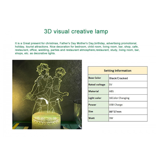 Anime-karaktär LED-nattlampa 3D-illusion 16 färger fjärrkontroll sovrum dekorativa lampor --- Crack Seat