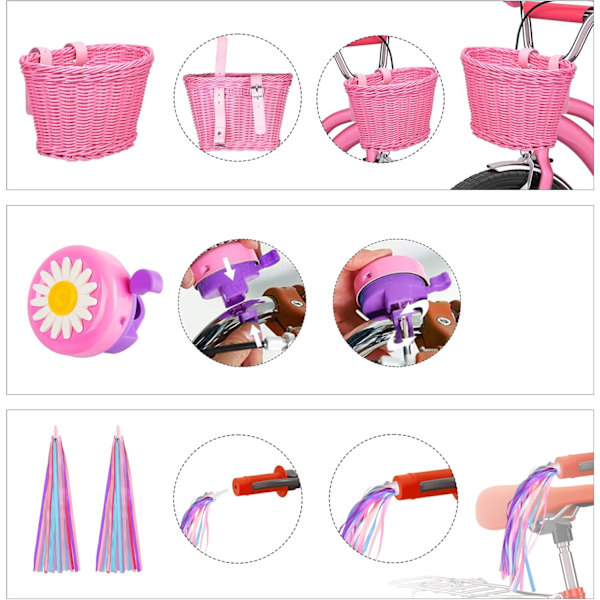 Barncykelkorg Set Flickcykelkorg Handvävda Cykelkorgar för Barn Barncykelkorgar med Extra Läderremmar och Klocka Lätt pink