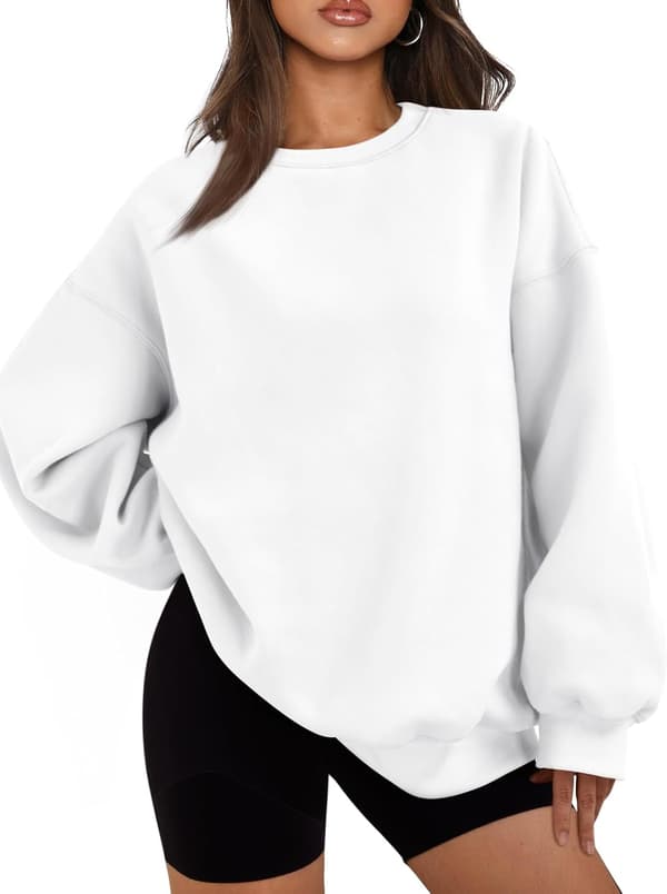 Oversized fleece-genser for kvinner, langermet, rund hals, pullover, avslappet hettegenser, hvit, X-Large