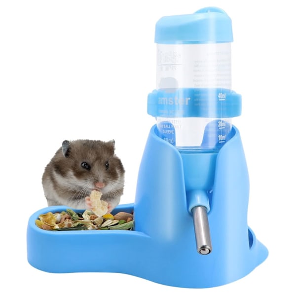 3-i-1 Hängande Vattenflaska för Hamster, Automatisk Husdjursdispenser med Bas för Dvärghamster Mus Råtta Igelkott (80ML, Blå)