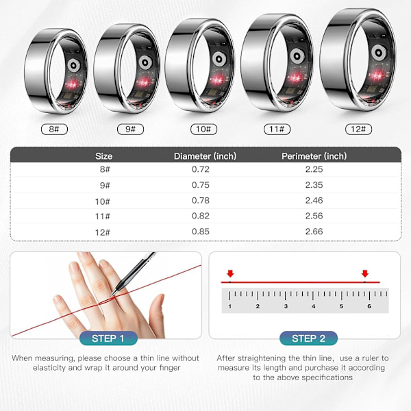 Smart Ring Hälsomätare för Kvinnor och Män, Kalorier, Syre, Puls och Sömnkvalitetsmätare, Ingen Prenumeration, Kompatibel med iOS och Android Black size 9