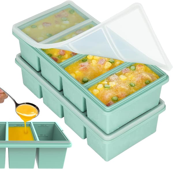 Silikon frysbricka med lock, 1-kopps soppbox stil iskubfrys – läcksäker, diskmaskinsäker, ugnsäker, stapelbar.