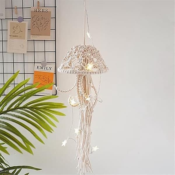 Macrame väggdekoration, manetdrömfångare med stjärnljus, väggkonstdekor vackert hem