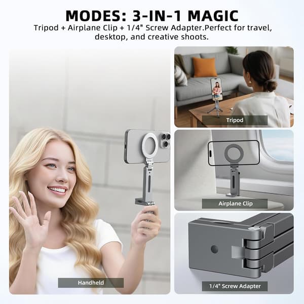 Magnetisk Tripod Selfiepinne med MagSafe-adapter - Vikbar Resetelefonhållare för iPhone 17 16 15 14 13 12 Pro Max Mini & Android