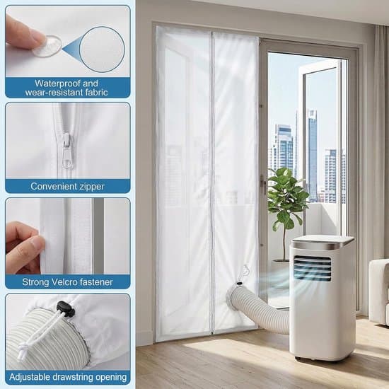 Dørforsegling til bærbar aircondition – 90x210cm med snoretræk & 7m velcro – til altandør – hvid – 1 sæt