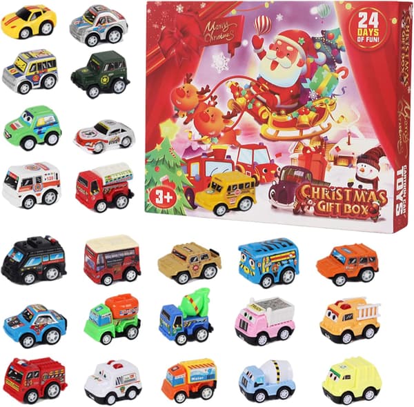 Julekalender med nedtelling til jul, lekesett med 24 små pull-back biler