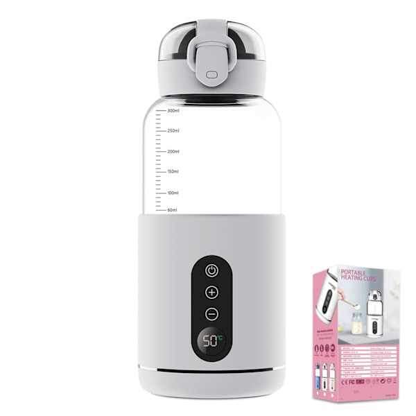 Bärbar LED Display Flaskvärmare, 300ml USB Uppladdningsbar Flaskvärmare, Reseflaskvärmare Vit