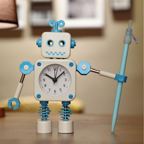 Robot Väckarklocka, Icke-Tickande Väckarklocka med Blinkande Ögon och Roterande Arm, Vit White