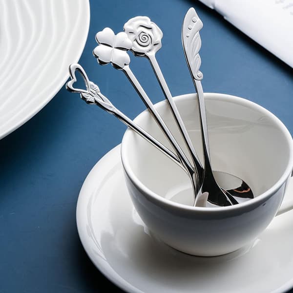 Kaffe- og dessertskeer i rustfrit stål, søde tynde sukkerskeer til omrøring, kreative blomstersukkerskeer, 4 stk.