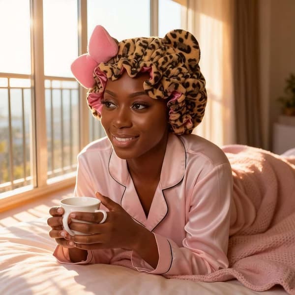 Sød Leopardprint Teddy Bonnet Sovehætte til Kvinder Blød Satinforet Spa Hårbånd med Sløjfe til Hårbeskyttelse