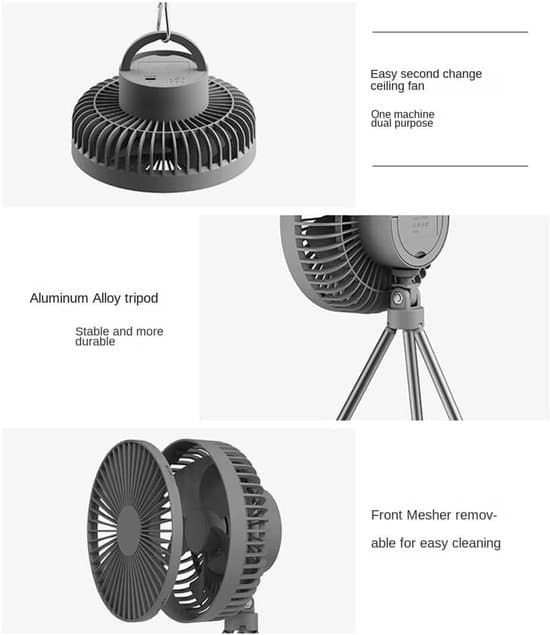 Campingventilator - Teltventilator - Bærbar Ventilator - USB Genopladelig - Med Stativ - Med Krog - 3 Hastigheder - 4000 mAh - Sort-Grå