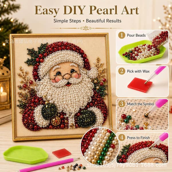 DIY Juleperle Diamantmaleri Kunstsett med Ramme, Julepynt for Voksne, Avslappende og Nybegynnervennlig Perle Diamantmaleri Hengende
