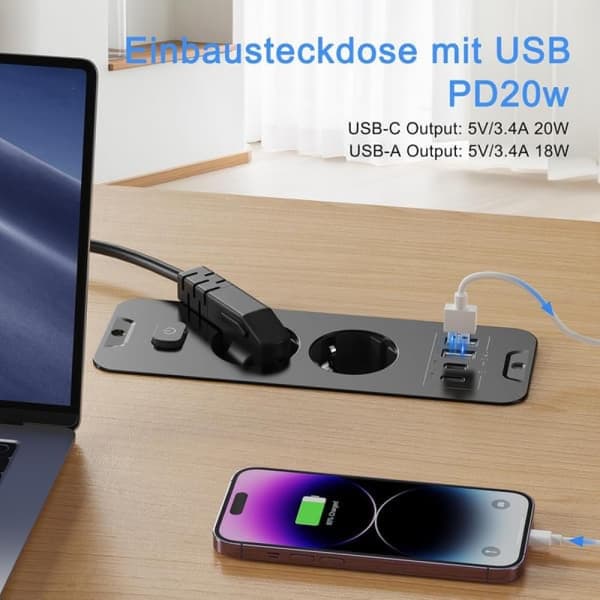 2-vejs udtræk - 2-vejs med 2 USB, bordstikdåse med 2 USB C, 2 afbrydere, 2 M kabel sort 2-dobbelt udtræk, sort