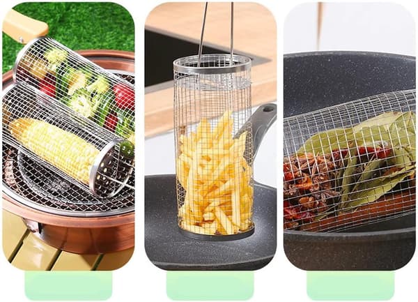 2 stk. Rullende Grillkurve - Bedste Grillkurv Nogensinde, Rund Grillnet i Rustfrit Stål