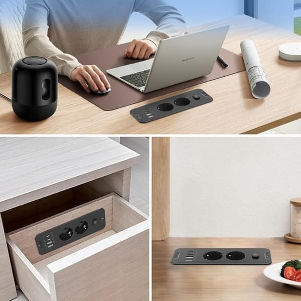 2-vejs udtræk - 2-vejs med 2 USB, bordstikdåse med 2 USB C, 2 afbrydere, 2 M kabel sort 2-dobbelt udtræk, sort