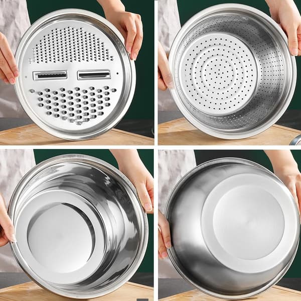 Multifunktionel rustfri stålbakke, 3 i 1 multifunktionel rustfri stålbakke med rivejern, si-drænkurv til skylning (28 cm)