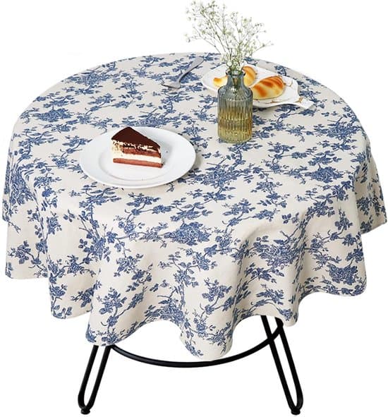 Rund bomulls- og linseduk med blomstertrykk, 150 cm, blå