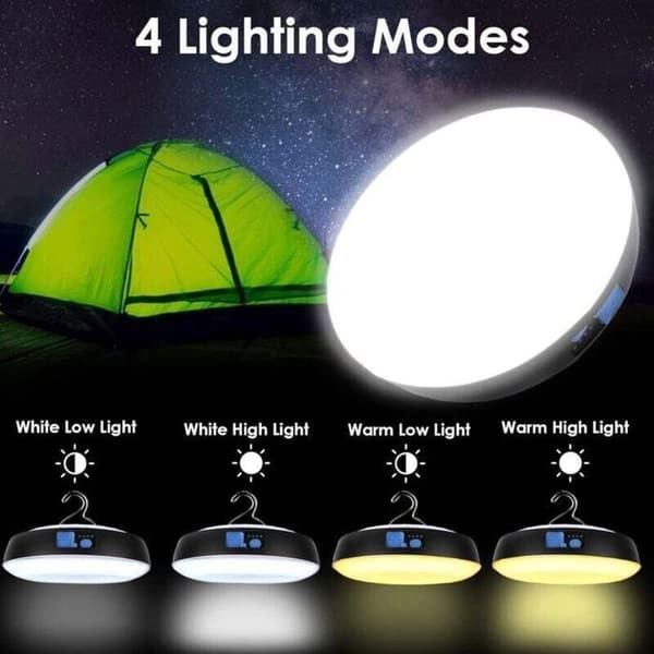 LED Campinglanterne - Kraftig Magnet - Innebygd Krok - 6 Lysmoduser - Sol- og USB-oppladbar