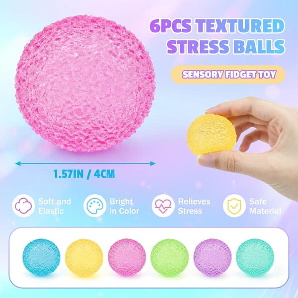 6-pak teksturerede squishy stressbolde, sensoriske fidget-legetøj til stress- og angstlindring, håndterapi-træningsbolde til børn og voksne, fest...