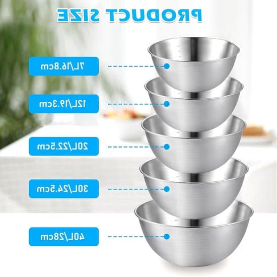 Miksboller i rustfritt stål - 5-dels sett - 304 rustfritt stål - 17, 19, 22, 25 og 28 cm - Stablebare og tåler oppvaskmaskin - For matlaging, baking og servering