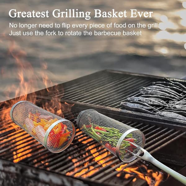 2 stk. Rullende Grillkurve - Bedste Grillkurv Nogensinde, Rund Grillnet i Rustfrit Stål