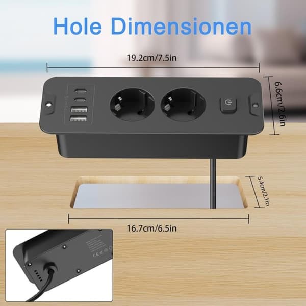 2-vejs udtræk - 2-vejs med 2 USB, bordstikdåse med 2 USB C, 2 afbrydere, 2 M kabel sort 2-dobbelt udtræk, sort