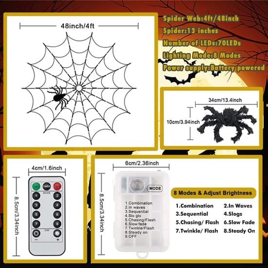 Halloween spindelvevlys - 1,2 meter diameter med 70 LED-lys - Inkluderer en realistisk svart edderkopp - 8 lysmoduser med fjernkontroll - Timerfunksjon orange