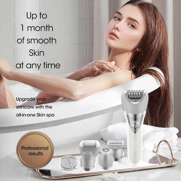 6-i-1 Epilator|Hårfjerner| IPX6 Barbermaskine| Trimmer| Ansigtsbørste| Ansigtsmassager & Kropseksfoliator.