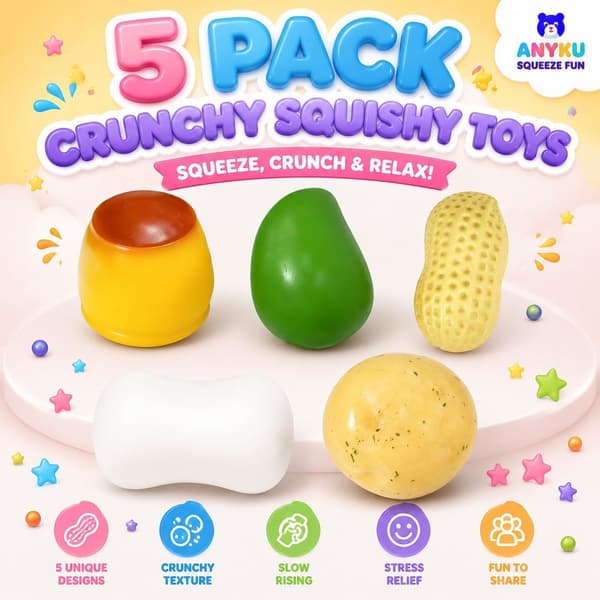 5-pack krispiga klämleksaker Slushy Squeeze Stressboll Matleksak Jordnötspudding Potatis Mango Tvål Pärlfylld ASMR Realistisk Icke-återstudsande Formbar Vuxen