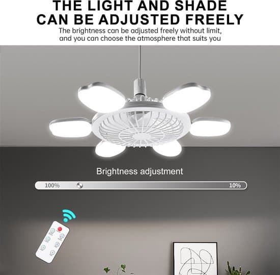 Loftventilator med belysning - LED Ventilatorlampe E27 - Ventilator med fjernbetjening - Sammenfoldeligt design - 6 hastigheder - Dæmpbart lys - 60W