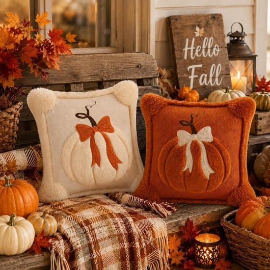 Pyntepude – 2-delt efterårspudesæt med græskarmønster og sløjfe – 45x45 cm – Velegnet til sofa, stue, efterår, Halloween og bondegårdsstil